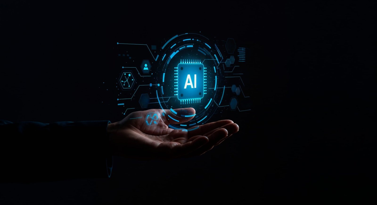Holographic AI microchip hovering over an open hand