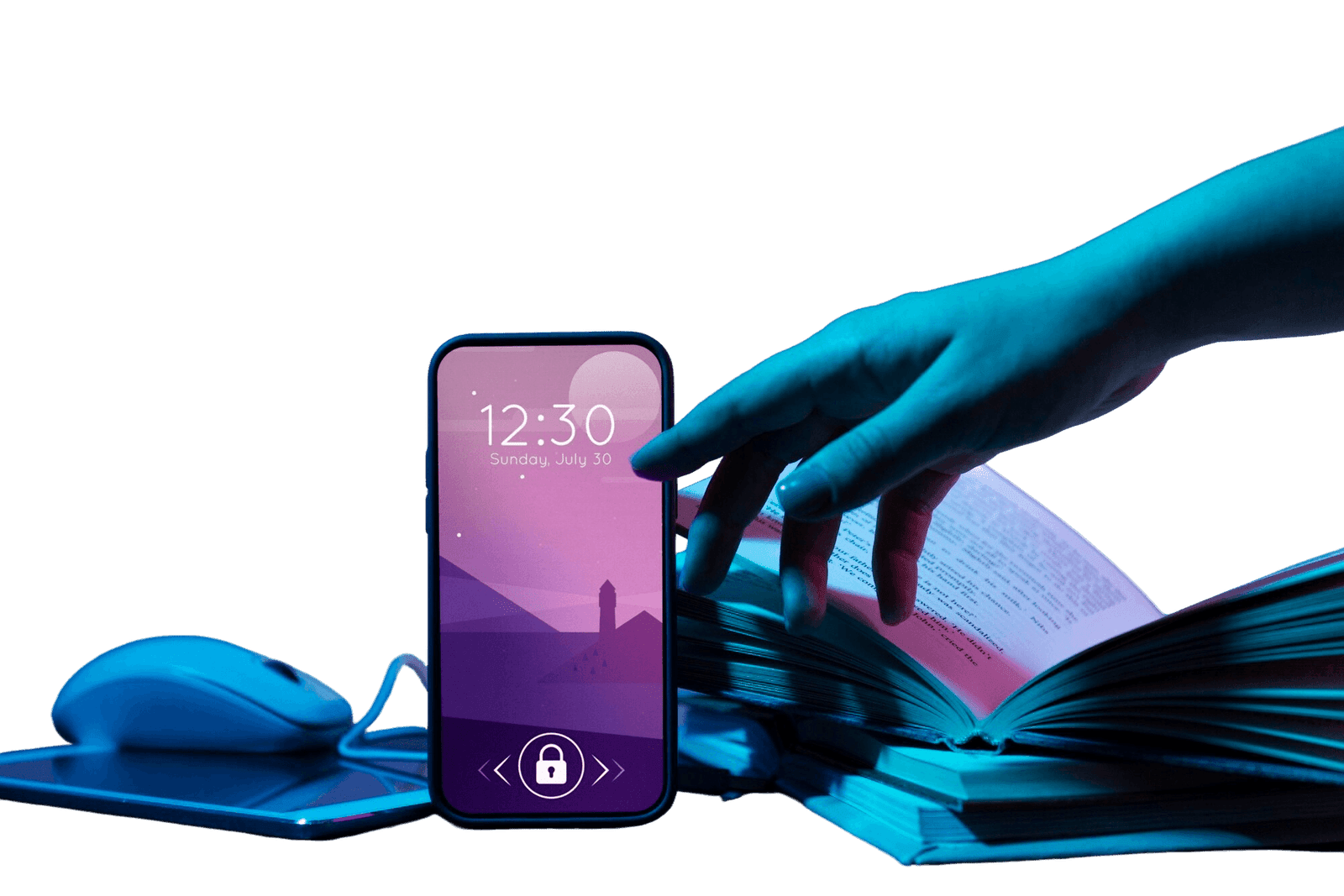 Hand reaching for a smartphone in a connected workspace