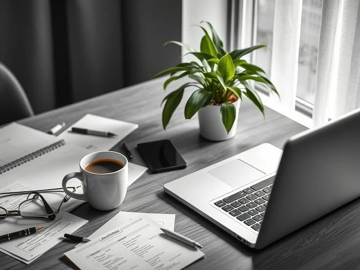 Laptop, documents, and coffee on a professional workspace desk